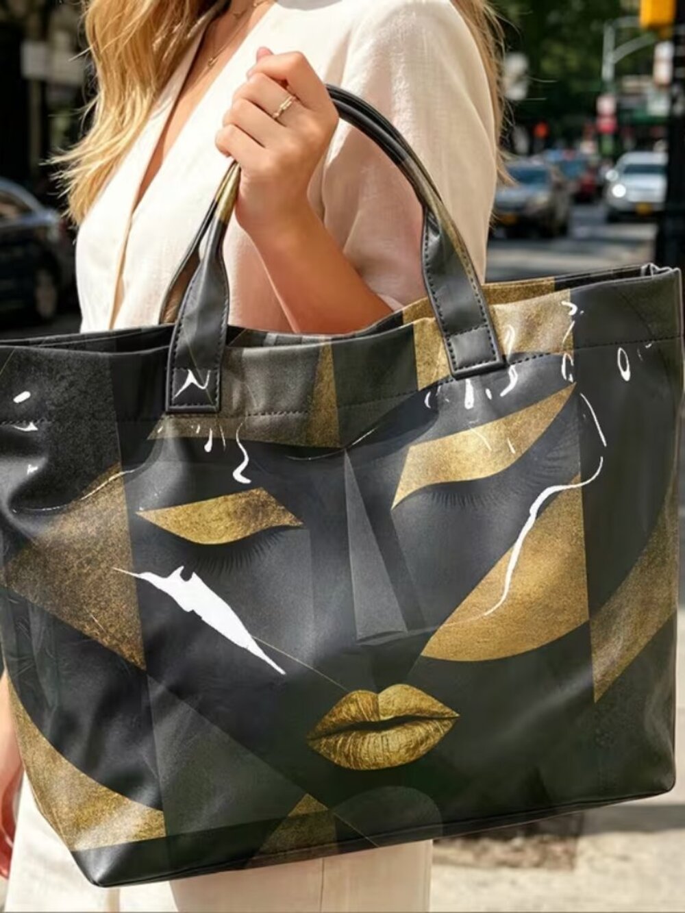 Black Gold Abstract Face Tote Bag Large Shopper Shoulder Bag Art Print Handbag - Picture 5 of 9